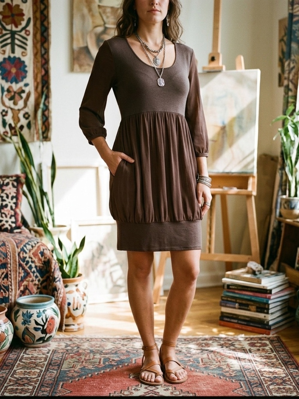 Tony Cohen Silk Wool Dress size 8 brown